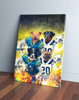 Personalized 4-pet canvas featuring dogs in blue and white football uniforms with helmets.