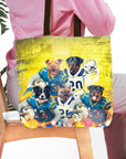 Personalized 5 pet tote bag with dogs in football uniforms on a yellow background.