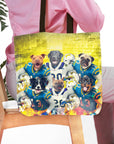 Personalized 6-pet tote bag with dogs in blue and white football jerseys against a yellow background.
