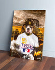 Personalized pet canvas featuring a bulldog in a Padres baseball uniform, named "Jasper," against a city skyline.