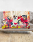 Personalized 3-pet blanket with dogs in San Francisco 49ers football uniforms.