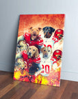 Personalized San Francisco 40Doggos canvas featuring four pets as football players in red jerseys.