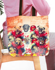 Personalized 6-pet tote bag featuring dogs in football uniforms against a brick background.