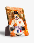 Personalized pet canvas featuring a corgi in a San Francisco Giants baseball uniform, holding a bat, with city skyline background.