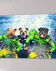 Personalized 3-pet canvas featuring a pit bull, bulldog, and rottweiler in green and blue football uniforms.
