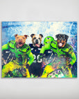 Personalized 3-pet poster featuring a pit bull, bulldog, and rottweiler in green and blue football uniforms.