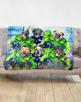 Personalized pet blanket with six dogs in green and blue football uniforms.