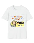 White cotton t-shirt with a blonde woman and black dachshund sleeping, personalized with "Chloe" and "Charlie.