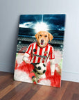 Personalized pet canvas featuring a golden retriever in a red and white Sunderland football kit holding a ball.