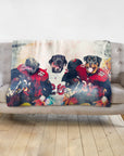 Personalized 3-pet blanket with dogs in Tampa Bay Doggos football uniforms.