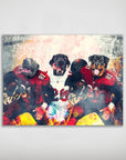 Personalized 'Tampa Bay Doggos' 3-pet poster featuring dogs in football uniforms with fiery effects.