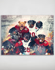 Personalized 5-pet poster featuring dogs in red and white football jerseys with helmets.