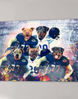 Custom 'Tennessee Doggos' canvas featuring five pets as football players in blue and white jerseys.