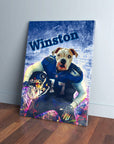 Personalized pet canvas featuring a bulldog's head on a football player's body, with "Winston" text.