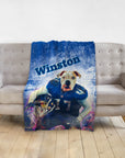 Personalized pet blanket with a Doggovinci portrait of a bulldog in a blue football uniform.