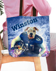 Personalized blue tote bag with a custom pet portrait of a bulldog in a football uniform, named Winston.