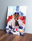Personalized Texpaws Rangers pet canvas featuring a boxer dog in a baseball uniform with a city skyline.
