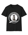 Black unisex t-shirt with a white circular "THIS HUMAN BELONGS TO" design, featuring a Border Collie and "Charlie" text.
