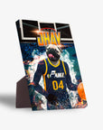 Personalized Utah Pawz standing canvas featuring a pug in a blue basketball jersey with a ball.