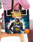 Personalized tote bag with a pug pet portrait in a basketball uniform on a court.