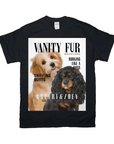 Black Gildan t-shirt featuring a personalized magazine cover design with two dogs, a light brown and a black and tan cavalier.