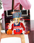 Personalized pet portrait tote bag featuring a dog in a basketball jersey holding a ball.