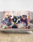 Personalized minky blanket with three dogs as football players in team jerseys.