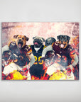 Personalized 3-pet poster featuring a terrier, pug, and rottweiler in football uniforms with fiery effects.
