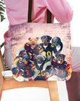 Personalized 5 pet tote bag featuring dogs in football uniforms against a stadium background.