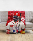 Personalized pet blanket with a pug in a baseball uniform, holding a bat, on a red background.