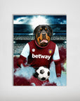 Personalized West Ham United Doggos Football poster featuring a Rottweiler in a maroon and blue jersey holding a soccer ball.