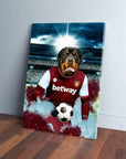 Personalized West Ham United Doggos Football canvas featuring a Rottweiler in a maroon jersey holding a soccer ball.