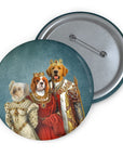 Custom royal renaissance pet portrait pin featuring three dogs.