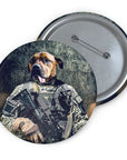 Custom pet portrait pin featuring a dog in an Army veteran uniform.