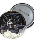 Custom pet portrait pin featuring a Great Dane in a pinstripe suit, sitting at a desk with money.