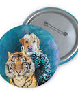 Custom personalized pet portrait pin featuring a dog with blonde hair and a tiger on a blue watercolor background.