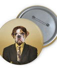 Custom personalized pet portrait pin featuring a bulldog in a suit and glasses.