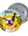 Custom pet portrait pin featuring a Boston Terrier in a sunflower field, with the name "Millie.