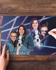 Personalized 1980s Lazer Portrait puzzle featuring a custom cartoon of two humans and a French Bulldog.