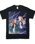 Black Gildan tee with a 1980s lazer portrait of three women and two corgis in denim jackets.