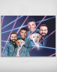 Personalized 1980s Lazer Portrait poster featuring two men and two Labrador dogs in denim jackets with neon laser lines.