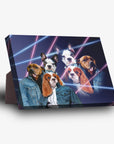 Personalized 1980s Lazer Portrait standing canvas featuring five pets in denim jackets.