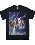 Black Gildan t-shirt with a retro 80s lazer portrait of six pets in denim jackets.