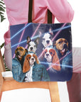Personalized pet tote bag with five dogs in 1980s lazer portrait style, wearing denim jackets.