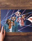 Personalized 3 pet puzzle in 1980s Lazer Portrait style, featuring dogs in denim jackets.
