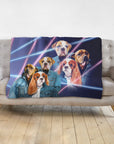 Custom 3-pet blanket with 1980s lazer portrait of dogs in denim jackets.