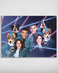Personalized 1980s Lazer Portrait poster featuring two humans and four pets in denim jackets with neon stripes.