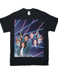 Black Gildan t-shirt with a personalized 80s lazer portrait of two humans and two dogs in denim jackets.