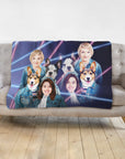 Personalized 1980s Lazer Portrait blanket with two female humans, two corgis, and two French bulldogs.