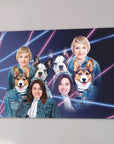 Personalized 1980s Lazer Portrait canvas featuring two women, two corgis, and two French bulldogs with neon lines.